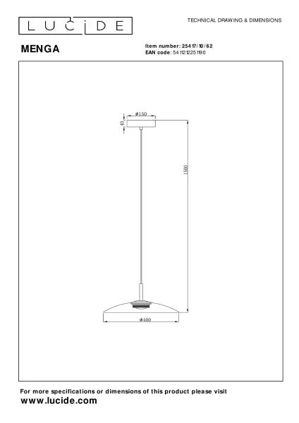 Lucide Premium MENGA - Pendelleuchten - Ø 40 cm - LED Dim. - 1x11W 2700K - Amber - technisch